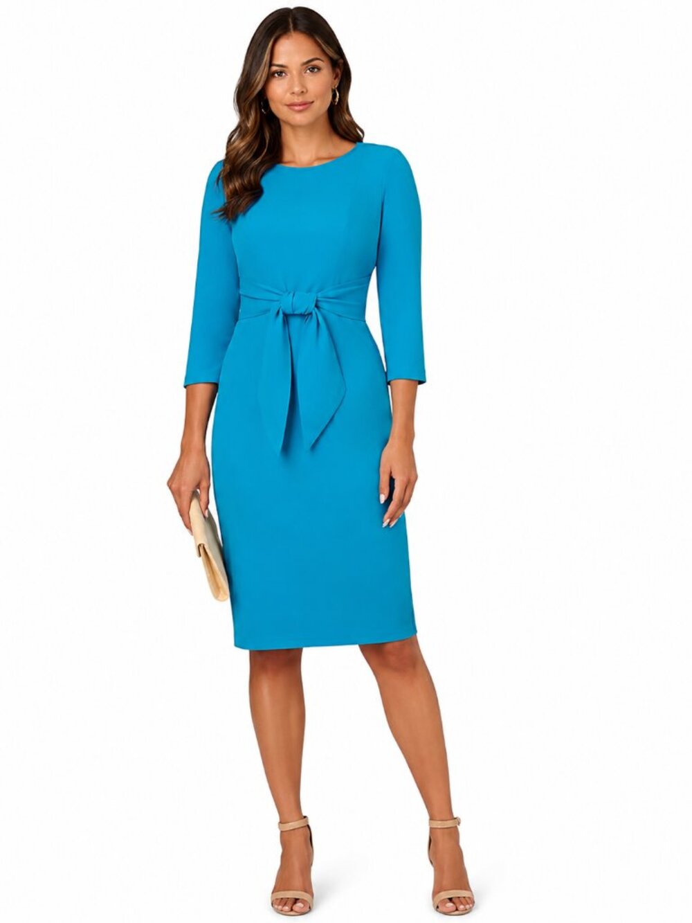 Adrianna Papell Knit Crepe Tie-Waist Sheath Dress Blue Coast